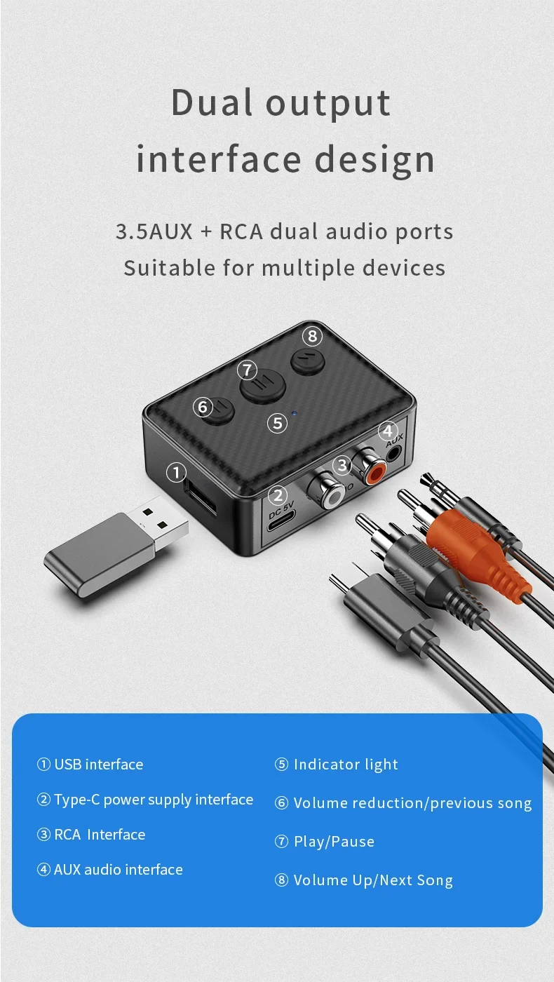 Bluetooth 5.4 Audio Receiver RCA 3.5mm AUX USB Wireless Adapter With MIC Support U-Disk Play For Car Kit Speaker Amplifier