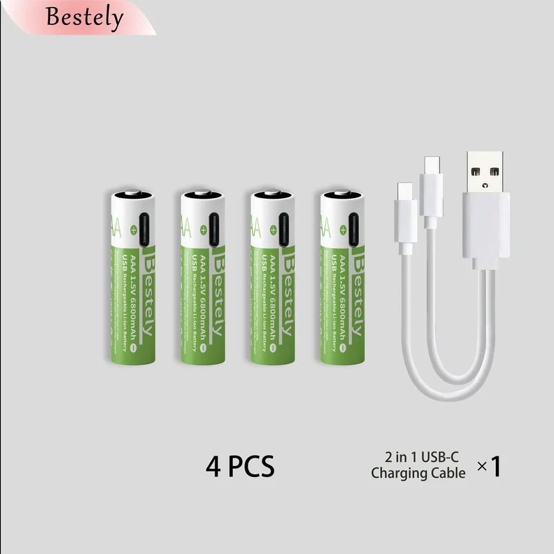2026 Hot Rechargeable Battery Lithium-ion 1.5V AA1200mAh Rechargeable Battery 1.5V AAA6800mAh Battery with USB-C Cables
