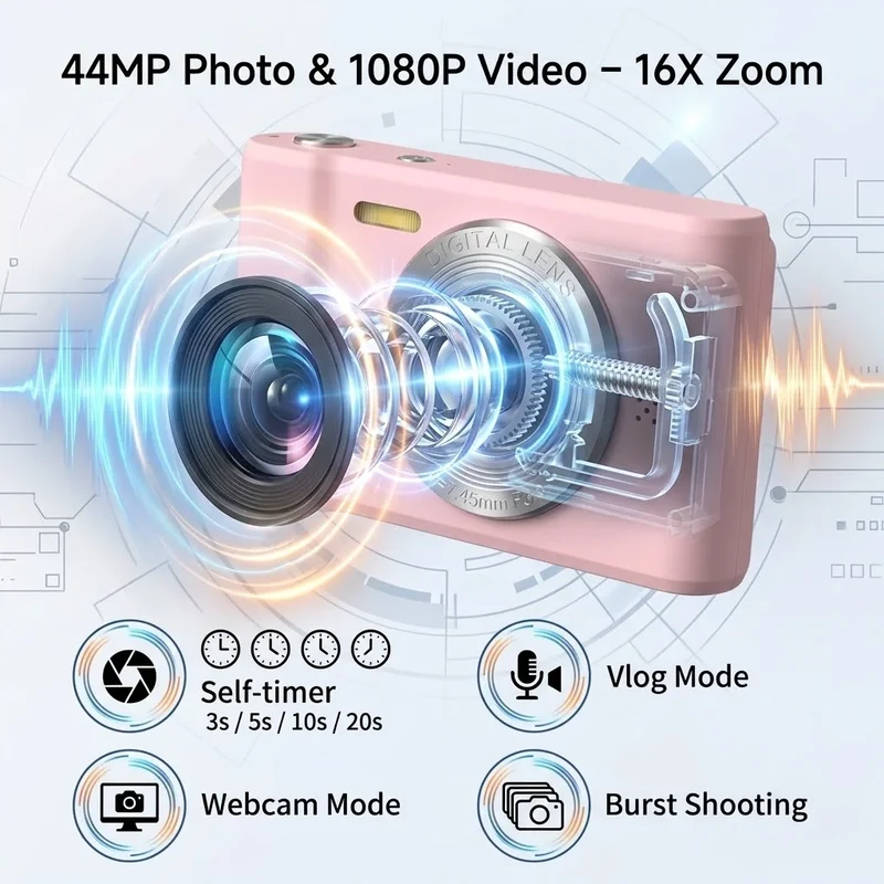 FUNNY PANDA Pink Digital Camera, 44MP 1080P Vlogging Camera with 16X Zoom, 2.2 Inch Screen, Self Timer, Webcam Mode, Plug and Play, 64GB Card Included, Ultra Lightweight Compact Retro Design