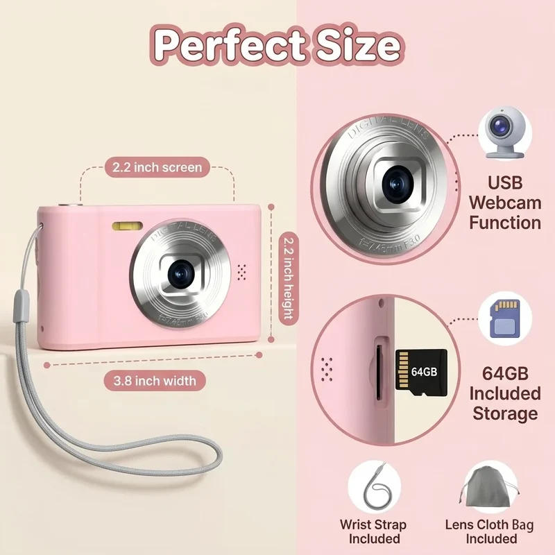FUNNY PANDA Pink Digital Camera, 44MP 1080P Vlogging Camera with 16X Zoom, 2.2 Inch Screen, Self Timer, Webcam Mode, Plug and Play, 64GB Card Included, Ultra Lightweight Compact Retro Design