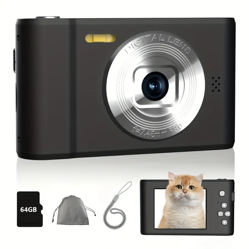 FUNNY PANDA Pink Digital Camera, 44MP 1080P Vlogging Camera with 16X Zoom, 2.2 Inch Screen, Self Timer, Webcam Mode, Plug and Play, 64GB Card Included, Ultra Lightweight Compact Retro Design
