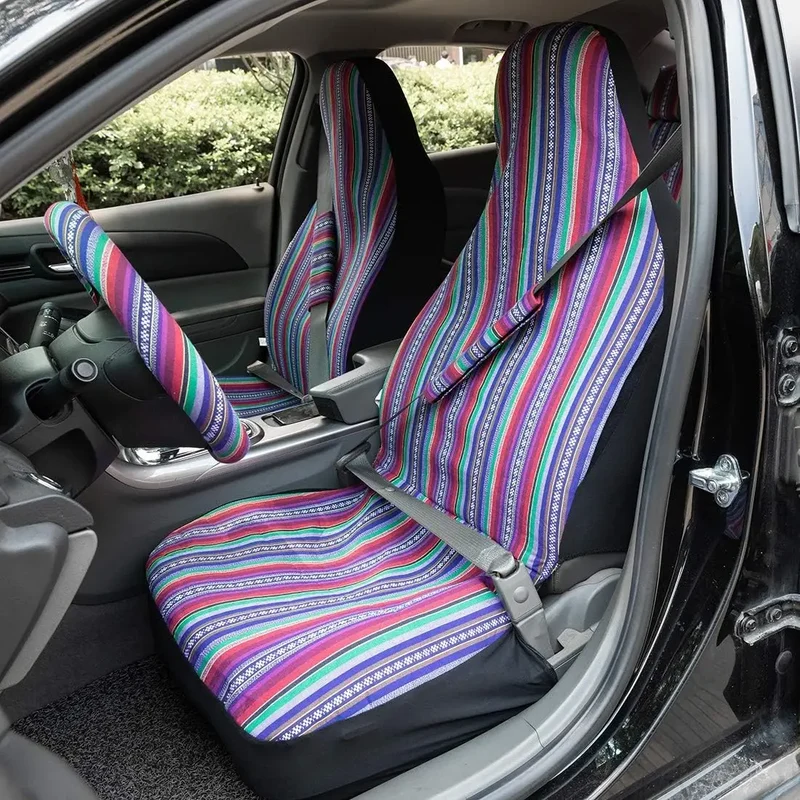 AUTO PLUS Striped Car Seat Covers Full Set with Seat Belt Pads Steering Wheel Cover Universal Washable Seat Covers for Cars