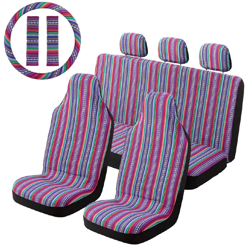 AUTO PLUS Striped Car Seat Covers Full Set with Seat Belt Pads Steering Wheel Cover Universal Washable Seat Covers for Cars