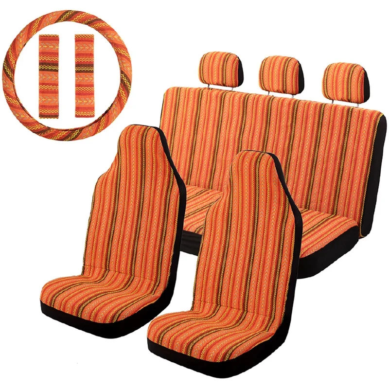 AUTO PLUS Striped Car Seat Covers Full Set with Seat Belt Pads Steering Wheel Cover Universal Washable Seat Covers for Cars