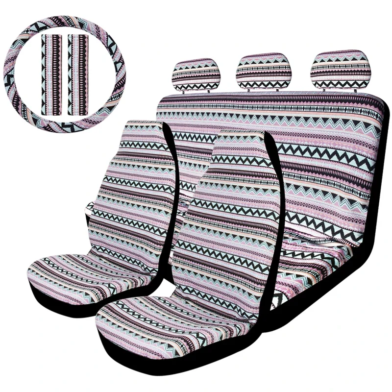 AUTO PLUS Striped Car Seat Covers Full Set with Seat Belt Pads Steering Wheel Cover Universal Washable Seat Covers for Cars