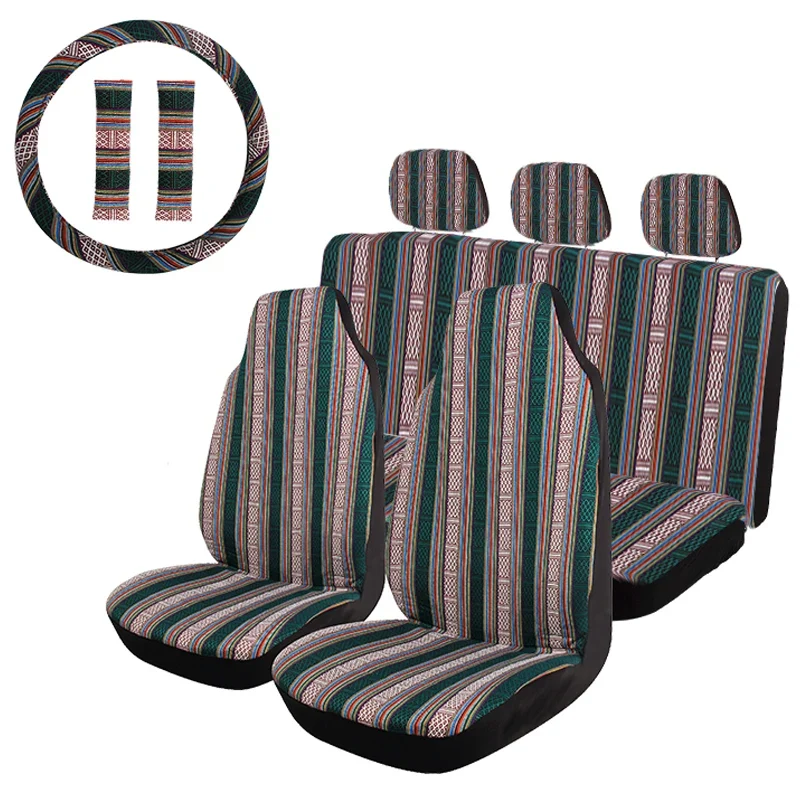 AUTO PLUS Striped Car Seat Covers Full Set with Seat Belt Pads Steering Wheel Cover Universal Washable Seat Covers for Cars