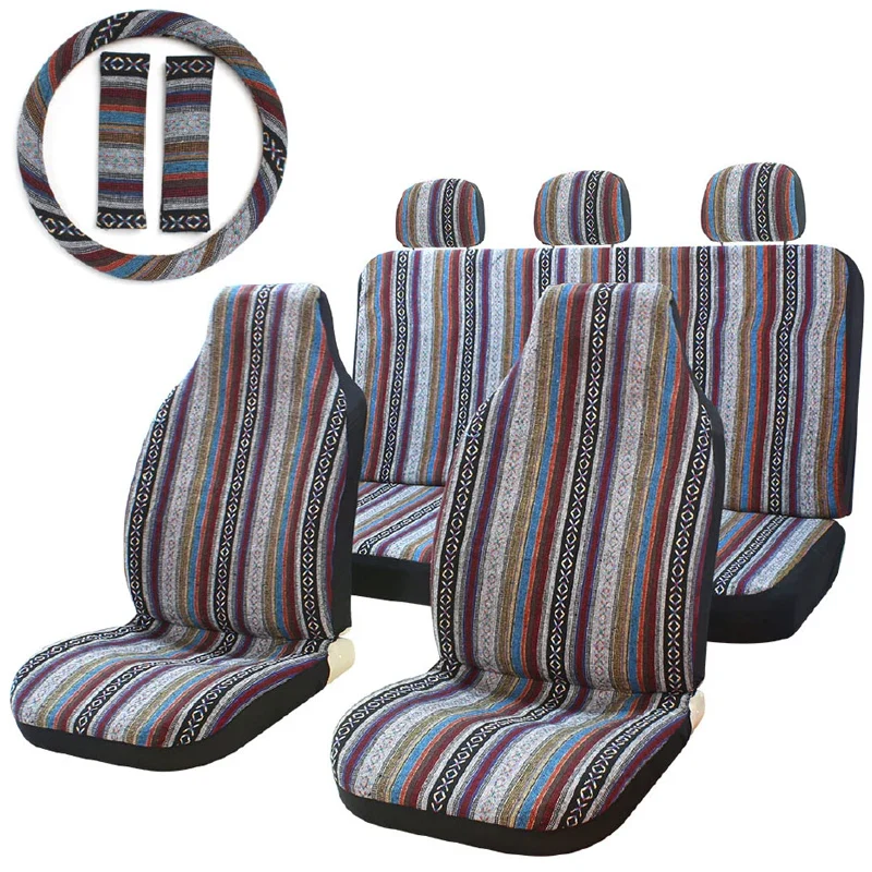 AUTO PLUS Striped Car Seat Covers Full Set with Seat Belt Pads Steering Wheel Cover Universal Washable Seat Covers for Cars