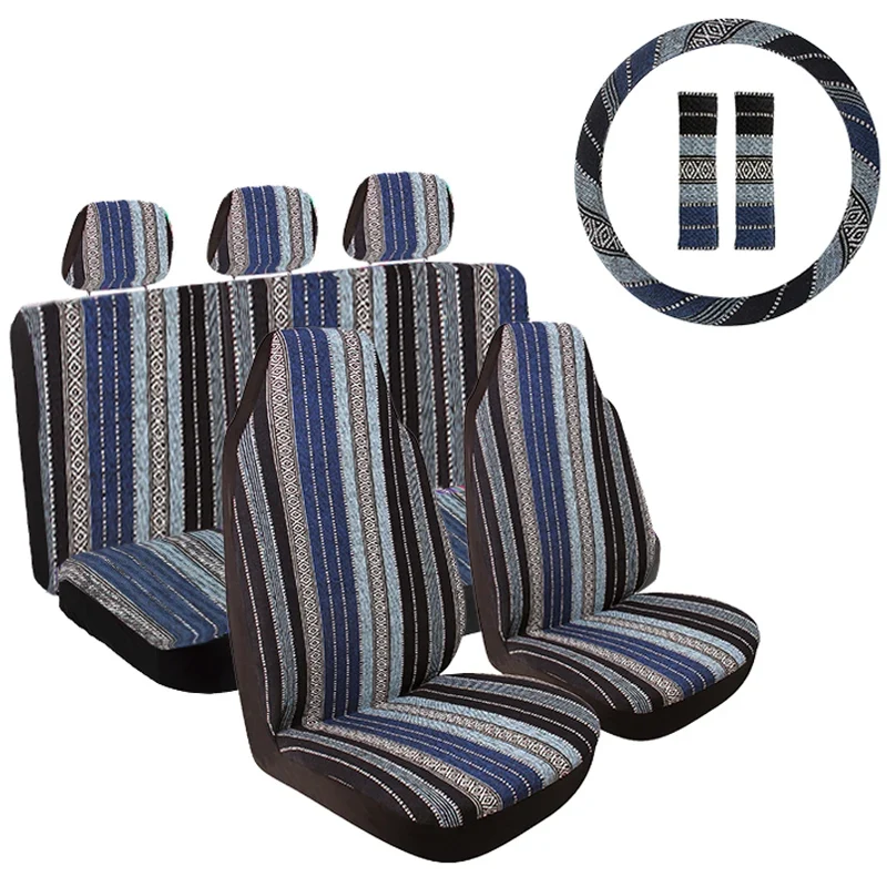 AUTO PLUS Striped Car Seat Covers Full Set with Seat Belt Pads Steering Wheel Cover Universal Washable Seat Covers for Cars