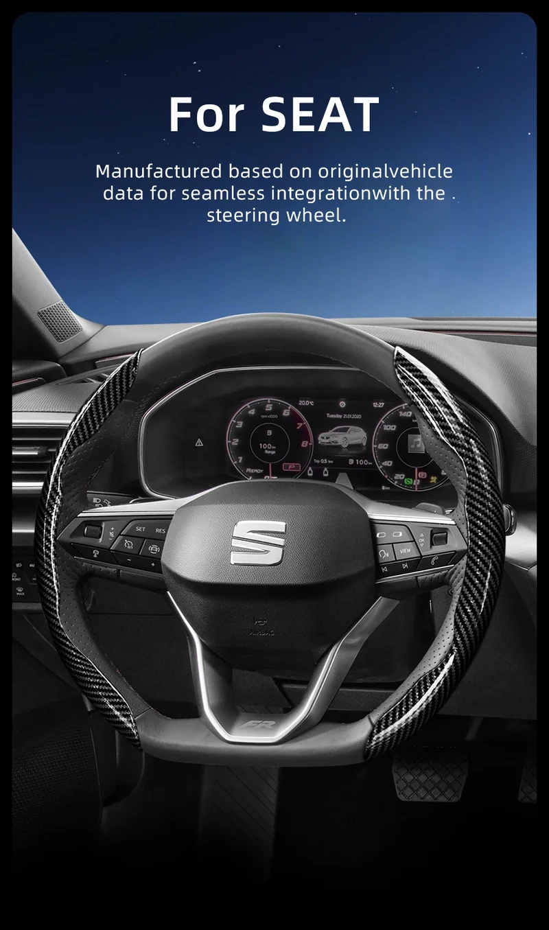 Suitable for Seat Carbon Fiber Texture Steering Wheel Cover with Segmented Quick-Release Design, Durable, for Models Such as Ibiza, Arona, Leon, Leon Sportstourer, Ateca, Etc., in Black, Blue, Red, Silver, and White