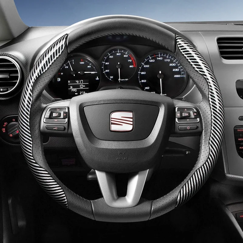 Suitable for Seat Carbon Fiber Texture Steering Wheel Cover with Segmented Quick-Release Design, Durable, for Models Such as Ibiza, Arona, Leon, Leon Sportstourer, Ateca, Etc., in Black, Blue, Red, Silver, and White