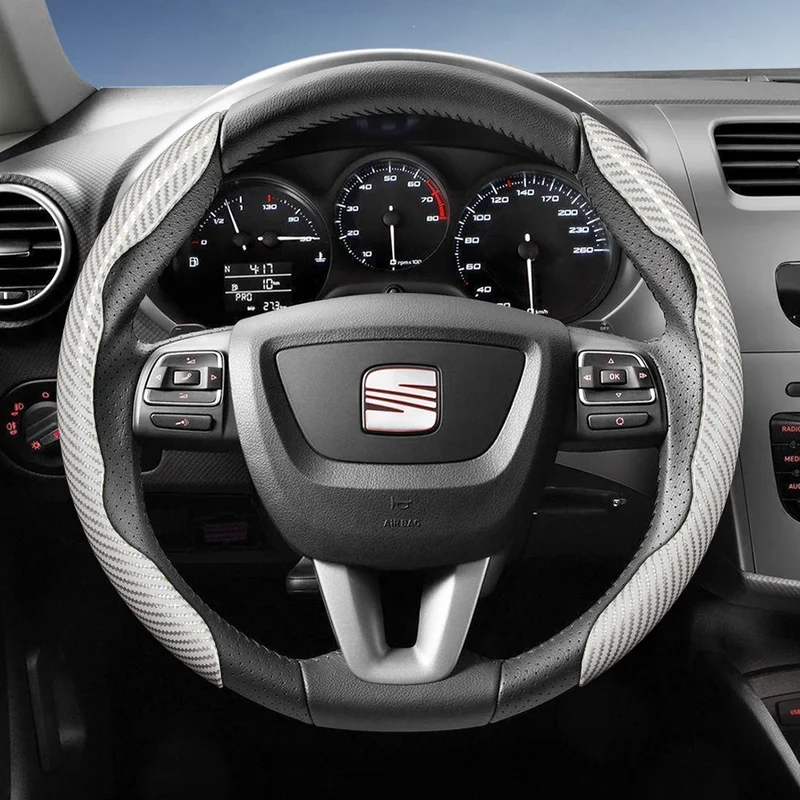 Suitable for Seat Carbon Fiber Texture Steering Wheel Cover with Segmented Quick-Release Design, Durable, for Models Such as Ibiza, Arona, Leon, Leon Sportstourer, Ateca, Etc., in Black, Blue, Red, Silver, and White