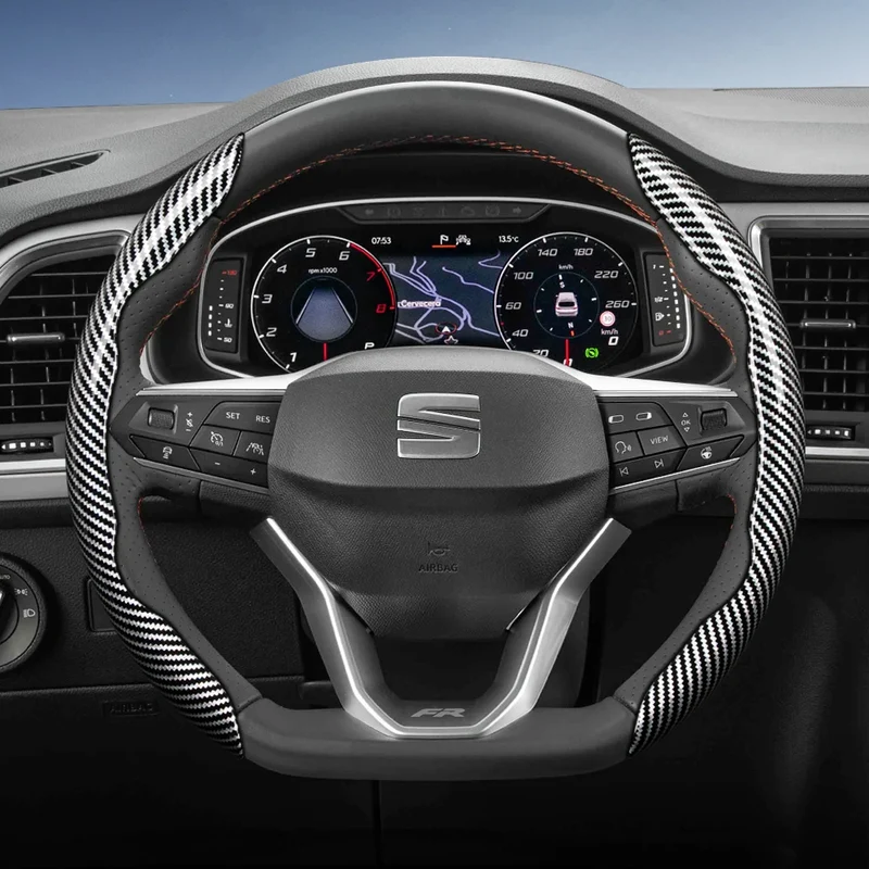Suitable for Seat Carbon Fiber Texture Steering Wheel Cover with Segmented Quick-Release Design, Durable, for Models Such as Ibiza, Arona, Leon, Leon Sportstourer, Ateca, Etc., in Black, Blue, Red, Silver, and White