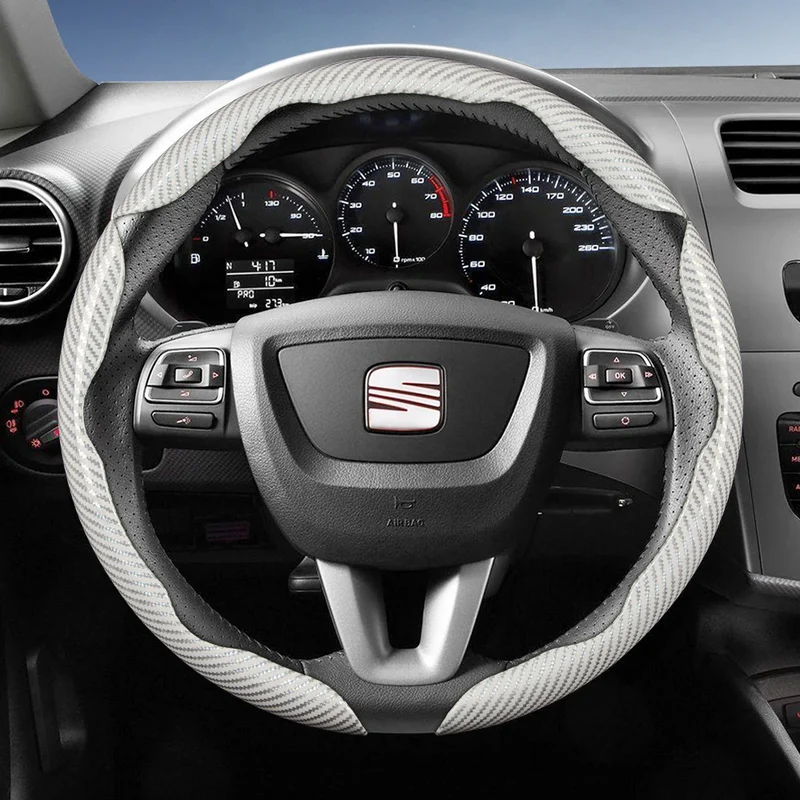 Suitable for Seat Carbon Fiber Texture Steering Wheel Cover with Segmented Quick-Release Design, Durable, for Models Such as Ibiza, Arona, Leon, Leon Sportstourer, Ateca, Etc., in Black, Blue, Red, Silver, and White