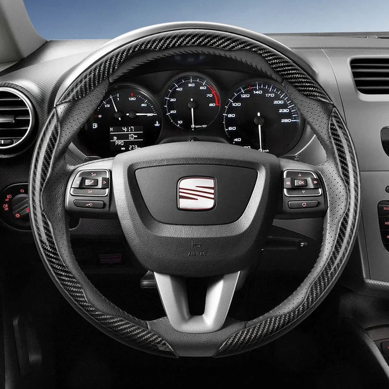 Suitable for Seat Carbon Fiber Texture Steering Wheel Cover with Segmented Quick-Release Design, Durable, for Models Such as Ibiza, Arona, Leon, Leon Sportstourer, Ateca, Etc., in Black, Blue, Red, Silver, and White
