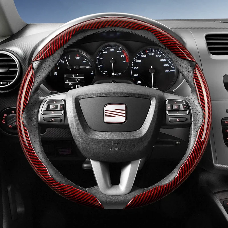 Suitable for Seat Carbon Fiber Texture Steering Wheel Cover with Segmented Quick-Release Design, Durable, for Models Such as Ibiza, Arona, Leon, Leon Sportstourer, Ateca, Etc., in Black, Blue, Red, Silver, and White