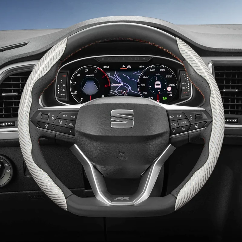Suitable for Seat Carbon Fiber Texture Steering Wheel Cover with Segmented Quick-Release Design, Durable, for Models Such as Ibiza, Arona, Leon, Leon Sportstourer, Ateca, Etc., in Black, Blue, Red, Silver, and White