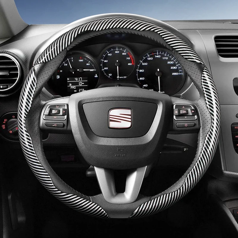 Suitable for Seat Carbon Fiber Texture Steering Wheel Cover with Segmented Quick-Release Design, Durable, for Models Such as Ibiza, Arona, Leon, Leon Sportstourer, Ateca, Etc., in Black, Blue, Red, Silver, and White