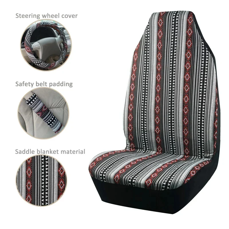 AUTO PLUS Car Seat Covers Set Baja Saddle Blanket Weave Universal Fit Most Car Seat Protection Steering Wheel Cover Protector