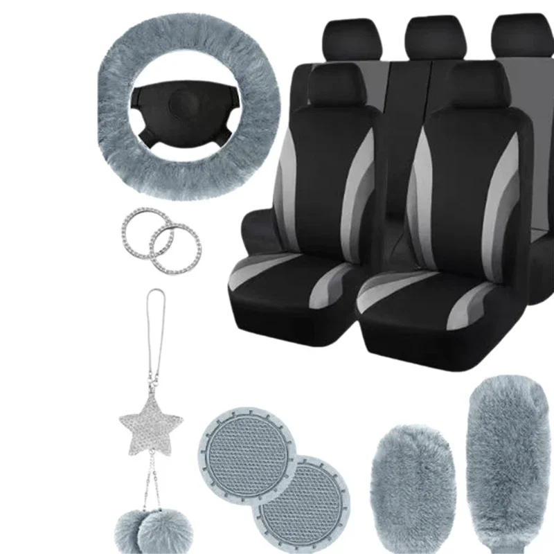 17Pcs Striped Design Universal Car Seat Cover Set Including Front Seat Cover Handbrake Shift Coverfluffy Steering Wheel Cover
