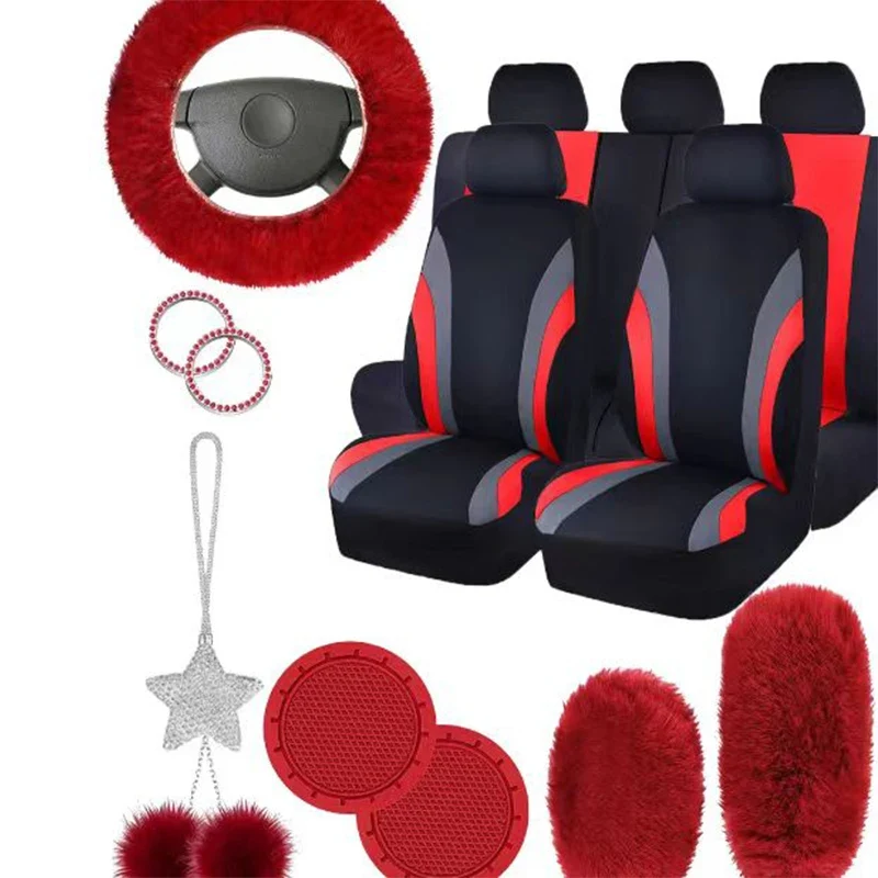 17Pcs Striped Design Universal Car Seat Cover Set Including Front Seat Cover Handbrake Shift Coverfluffy Steering Wheel Cover