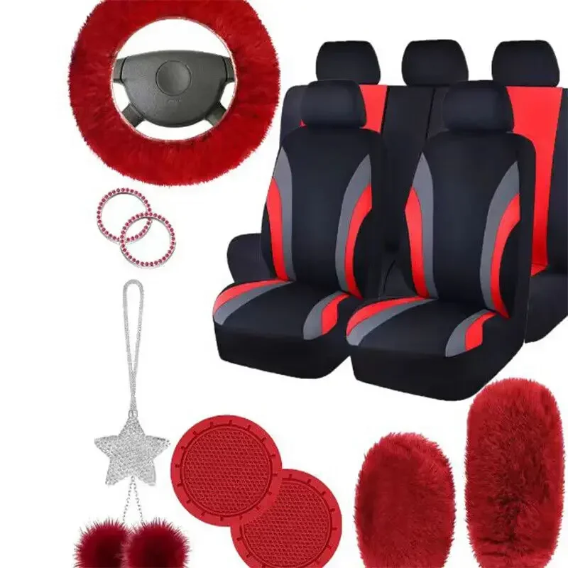 17Pcs Striped Design Universal Car Seat Cover Set Including Front Seat Cover Handbrake Shift Coverfluffy Steering Wheel Cover