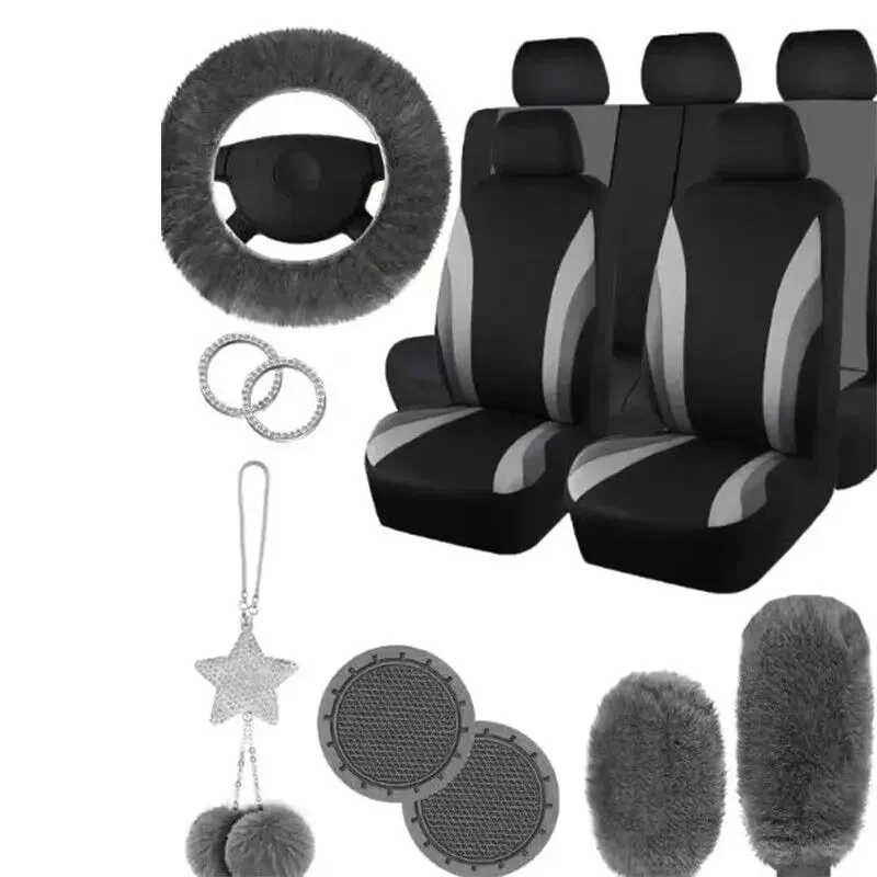 17Pcs Striped Design Universal Car Seat Cover Set Including Front Seat Cover Handbrake Shift Coverfluffy Steering Wheel Cover