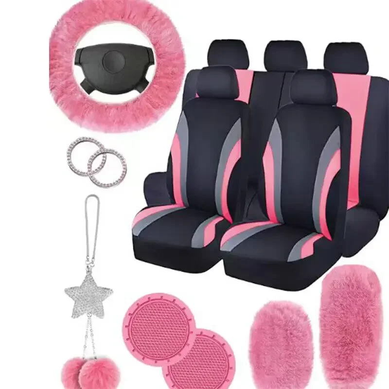 17Pcs Striped Design Universal Car Seat Cover Set Including Front Seat Cover Handbrake Shift Coverfluffy Steering Wheel Cover