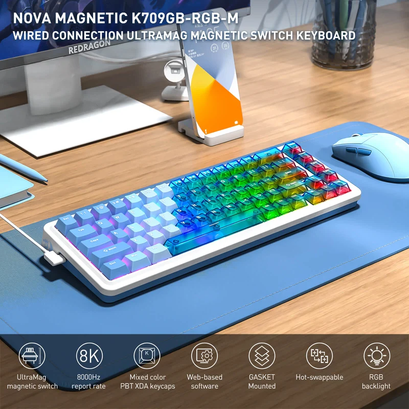 NOVA K709 HE Rapid Trigger Gaming Keyboard (Transparent Blue Keycaps)
