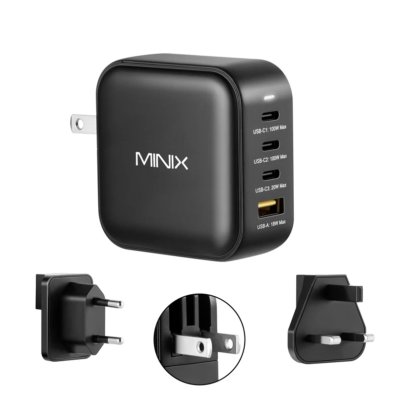 MINIX P3 100W 4-Port GaN Wall Charger with Interchangeable Plugs