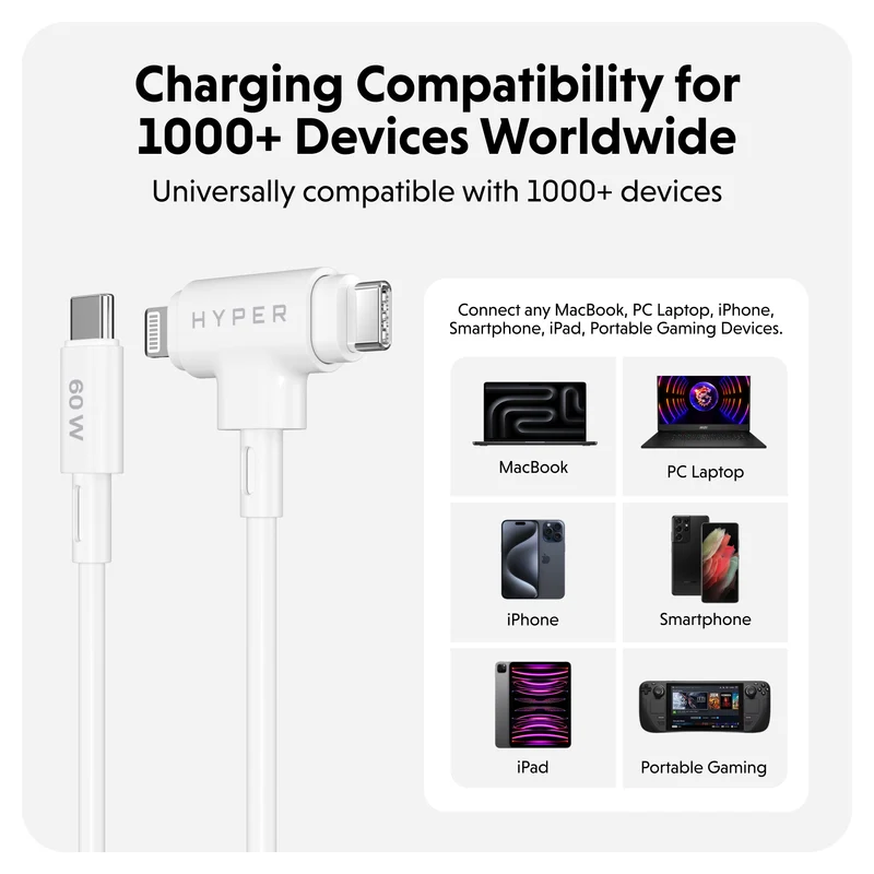 HyperJuice USB-C und Lightning Hybrid-Silikonkabel (1,5m) - Weiß