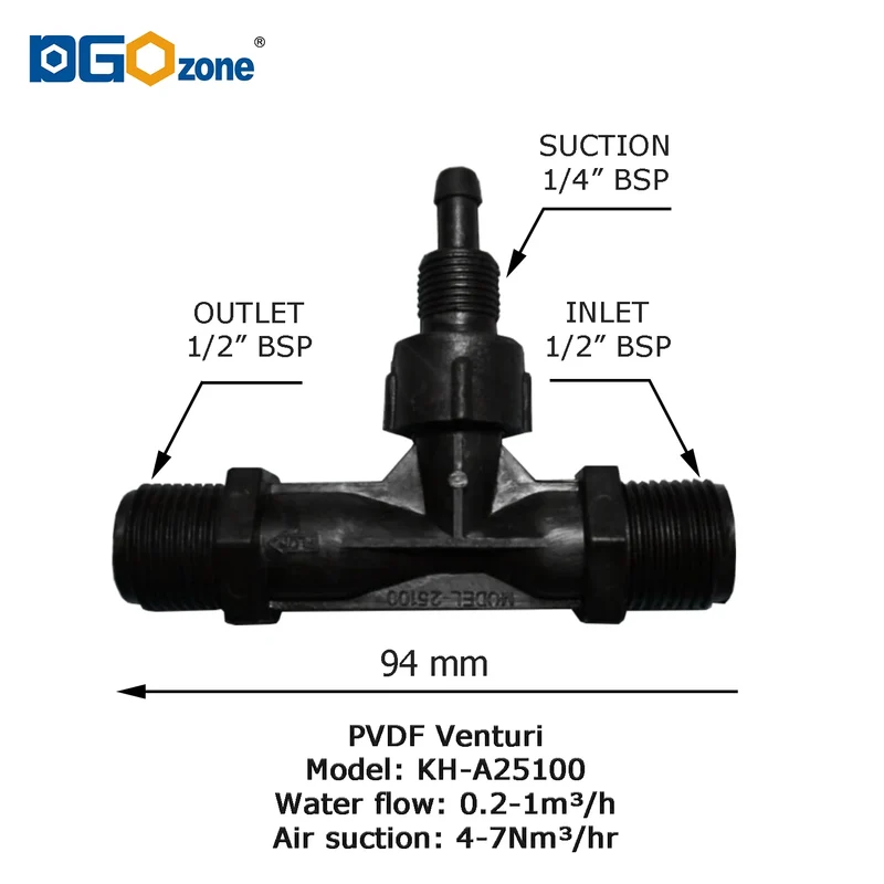 1/2in Venturi Injector with Valve for Gas Mixer PVDF Body Ozone Proof Spa Venturi Connector KH-A25100-N DGOzone
