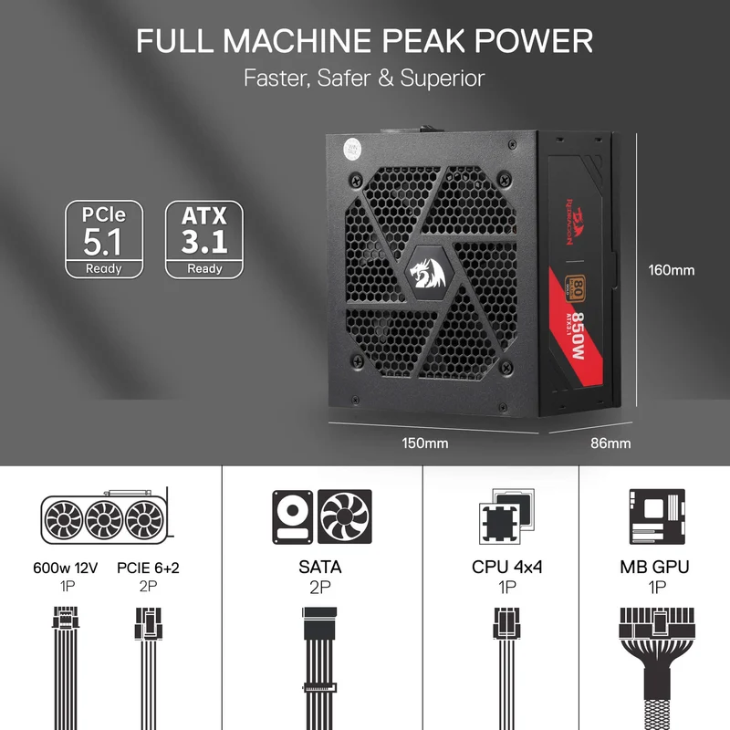 RGMS-850W PRO 80+ ATX 3.1 Gold 850 Watt Power Supply