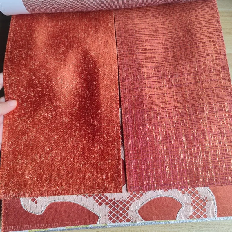 Luxury Home Textile Curtains Red-Orange Indoor Upholstery Fabric and Drapery Fabric With Sliver Gold Thread Pattern