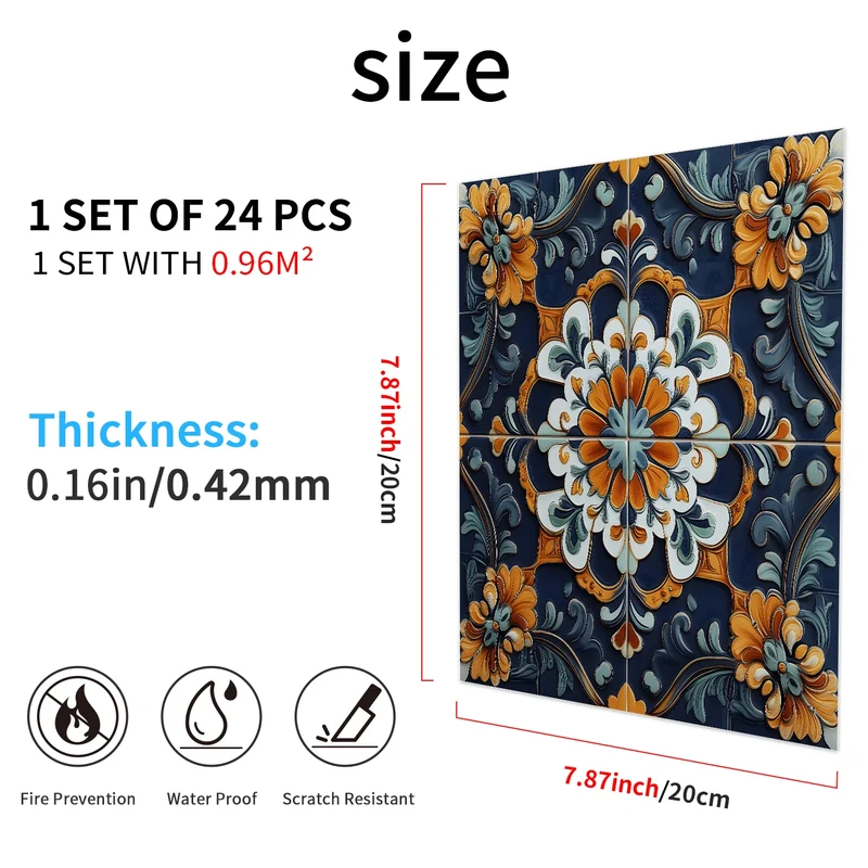 24 Pcs 7.87 X 7.87 Inch Waterproof PVC Backsplash Tile Self Adhesive Tile Stickers Peel and Stick Wall Tiles for Kitchen