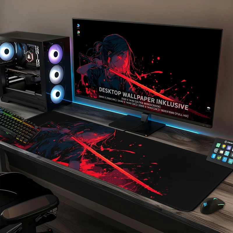 Gaming Mauspad XXL Crimson Katana Samurai Girl 90x40 | 80x30 | 45x40 cm 4mm Premiumdicke