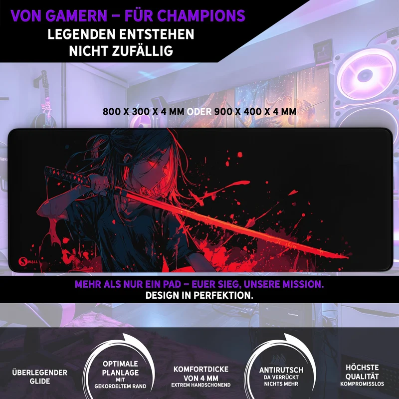 Gaming Mauspad XXL Crimson Katana Samurai Girl 90x40 | 80x30 | 45x40 cm 4mm Premiumdicke