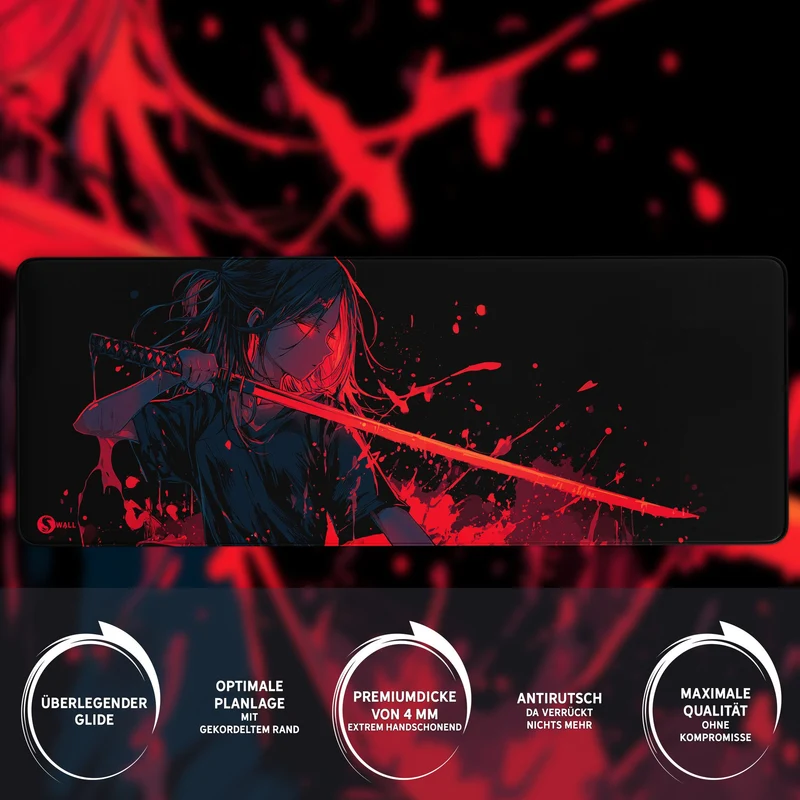 Gaming Mauspad XXL Crimson Katana Samurai Girl 90x40 | 80x30 | 45x40 cm 4mm Premiumdicke