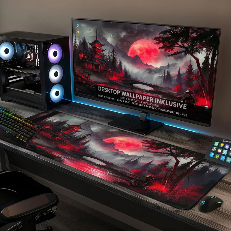 Gaming Mauspad XXL Red Moon Japan Samurai 90x40 | 80x30 | 45x40 cm 4mm Premiumdicke