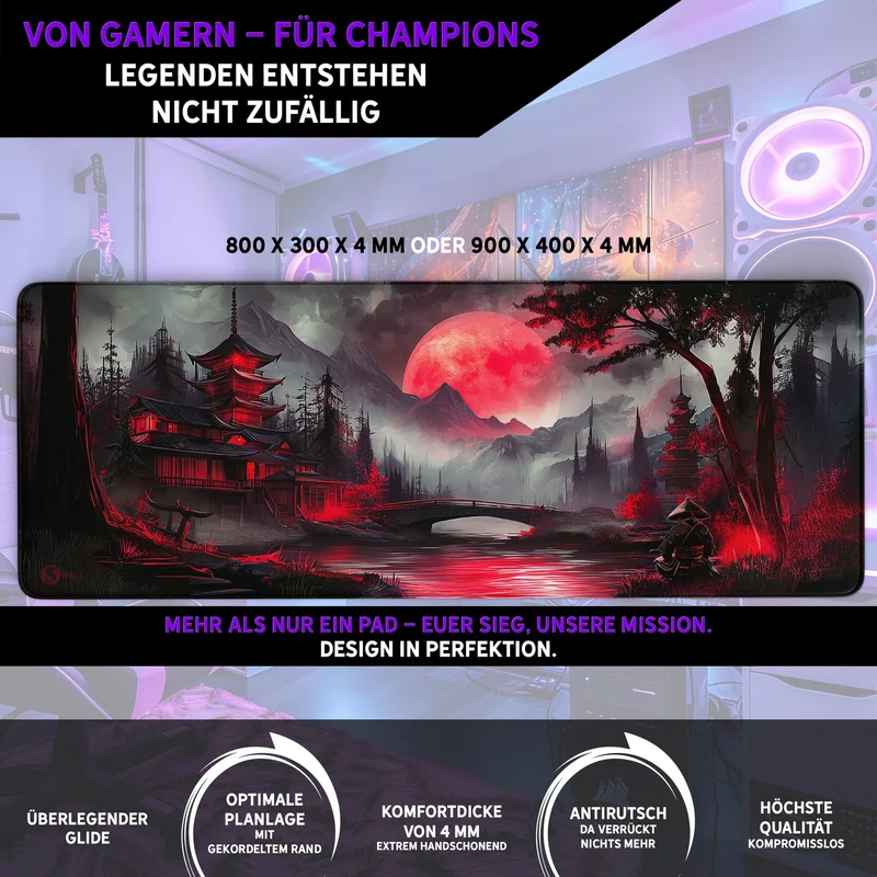 Gaming Mauspad XXL Red Moon Japan Samurai 90x40 | 80x30 | 45x40 cm 4mm Premiumdicke