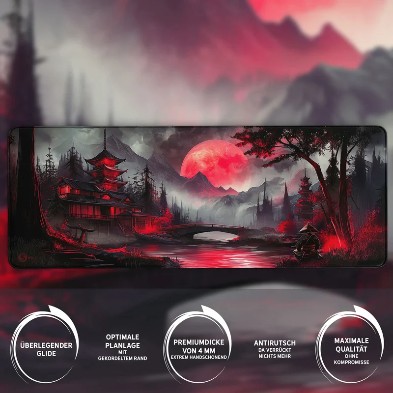 Gaming Mauspad XXL Red Moon Japan Samurai 90x40 | 80x30 | 45x40 cm 4mm Premiumdicke