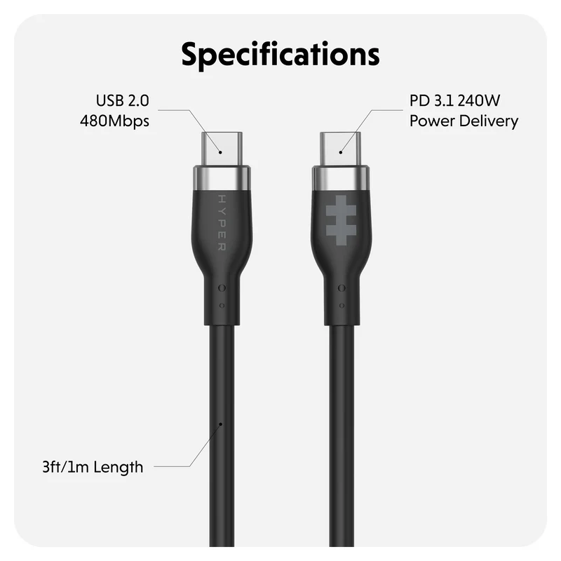 HyperJuice 240W Silikon USB-C zu USB-C Kabel (6ft/2m) - Schwarz