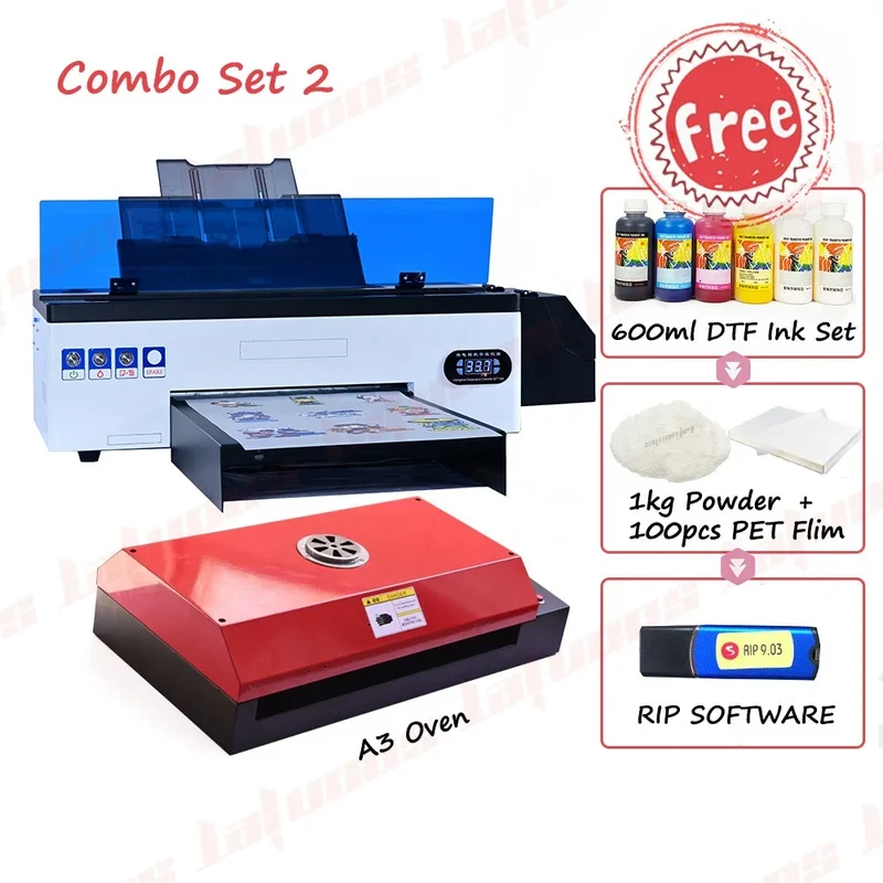 A3size Dtf Printer R1390 with Oven Machine with 100pcs A3size Film with 600ml DTF Ink with 1kg Powder