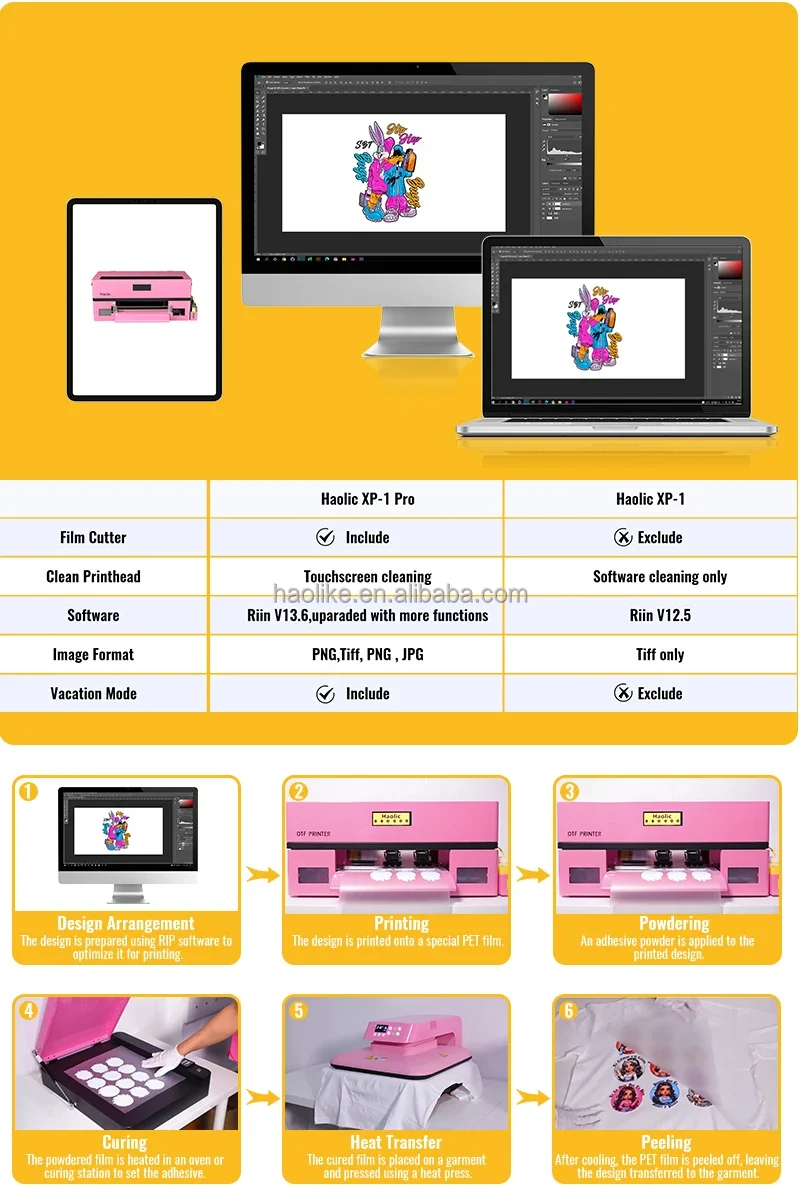 Haolic New Automatic Stainless Steel Heat Press Machine A3 30cm Roll-To-Roll DTF Ink Pink Printer T-Shirts Heat Transfer