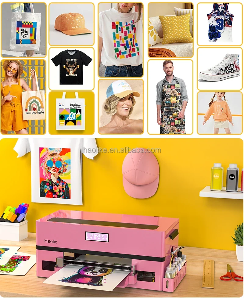 Desktop Haolic Mini A3 UV&DTF Printer Pink Beginner Kit Transfer Machine for Home Business Haolic UX7 Printer Bundle