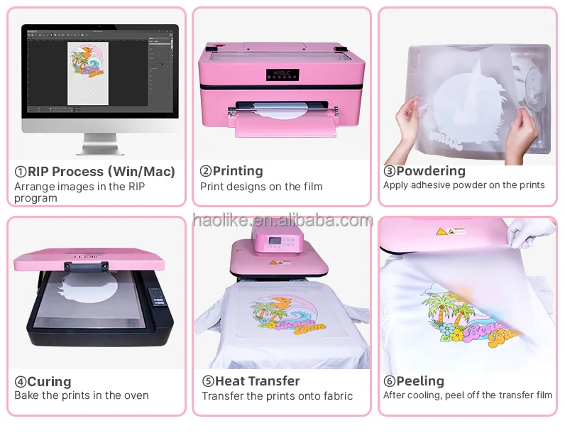 Haolic D8 DTF Printer Machine A3 33cm Tshirt Printing Full Automatic Small Business Desktop Pink XP600 Head