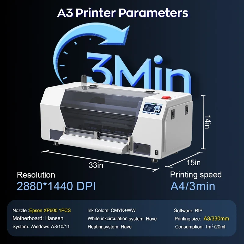 European Warehouse A3 DTF Printer With XP600 Head Printing Machine for Custom T Shirt Printing High Speed White Ink System