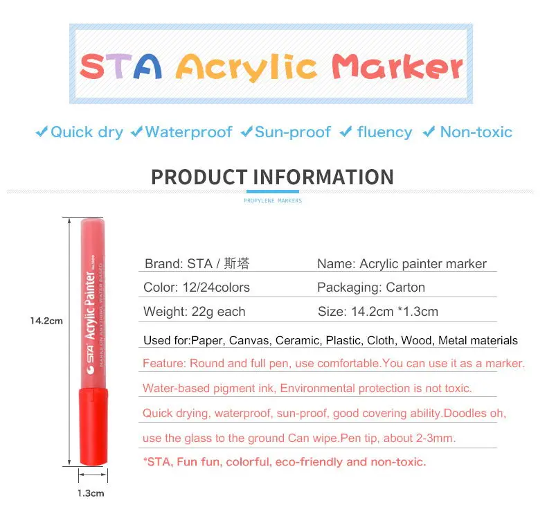 Hot Selling 12 Color STA Acrylic Paint Marker Pens Permanent Ink for Writing on Paper