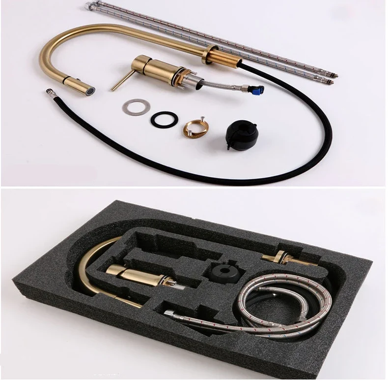 Bathroom Brushed Gold Basin Faucet Brass Pull Down Wash Sink Basin Mixer Tap Faucet