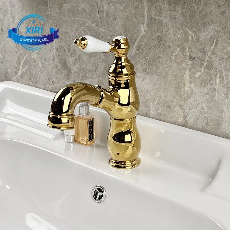 Brass French Retro Style Pull-Out Basin Faucet Hotel Bathroom Cabinet Ceramic Handle Hot and Cold Mixer Tap BF0428