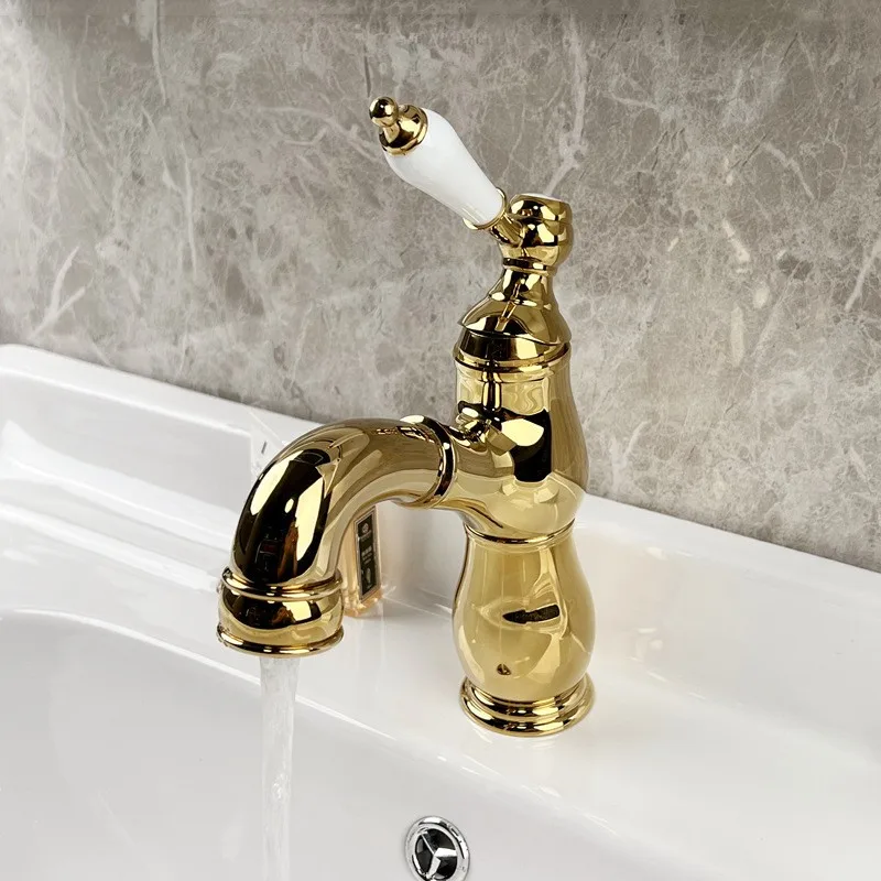 Brass French Retro Style Pull-Out Basin Faucet Hotel Bathroom Cabinet Ceramic Handle Hot and Cold Mixer Tap BF0428